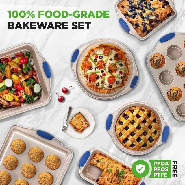 Alt view image 5 of 7 - NutriChef 10-Piece Nonstick Bakeware Set - Premium Carbon Steel Baking Pan Set w/Heatsafe Silicone Handles, Includes Pizza Crisper, Loaf Pan, 12 & 24 Cup Muffin Pans, Cake Pans, Cookie Sheets