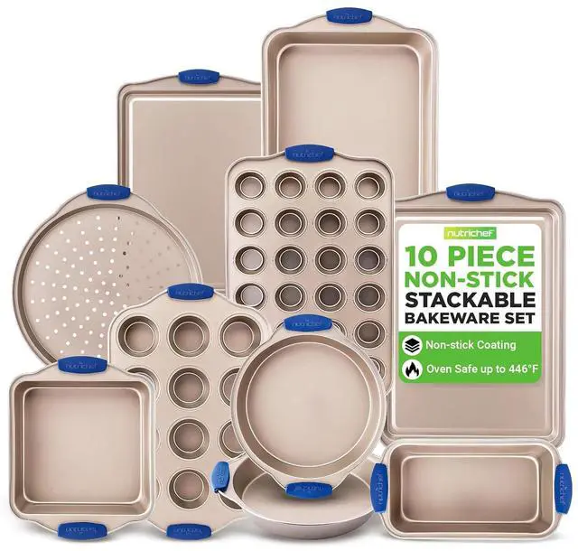 Main image of NutriChef 10-Piece Nonstick Bakeware Set - Premium Carbon Steel Baking Pan Set w/Heatsafe Silicone Handles, Includes Pizza Crisper, Loaf Pan, 12 & 24 Cup Muffin Pans, Cake Pans, Cookie Sheets