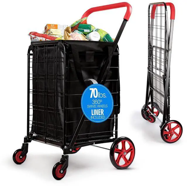 Main image of SereneLife Small Compact Folding Shopping Cart with Removable Waterproof Liner 360° Swivel Wheels, RustProof Steel Frame, 70 lb Capacity Portable Grocery, Laundry & Travel Cart (Red)