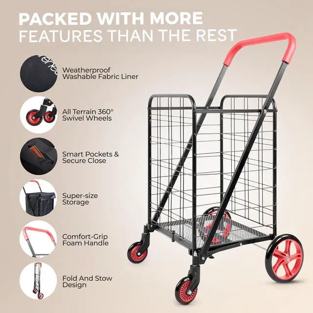 Alt view image 2 of 7 - SereneLife Small Compact Folding Shopping Cart with Removable Waterproof Liner 360° Swivel Wheels, RustProof Steel Frame, 70 lb Capacity Portable Grocery, Laundry & Travel Cart (Red)