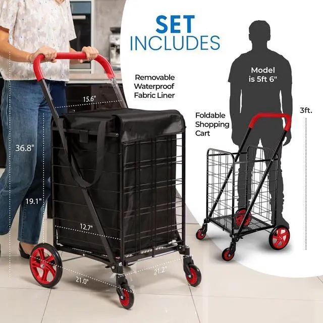 Alt view image 3 of 7 - SereneLife Small Compact Folding Shopping Cart with Removable Waterproof Liner 360° Swivel Wheels, RustProof Steel Frame, 70 lb Capacity Portable Grocery, Laundry & Travel Cart (Red)