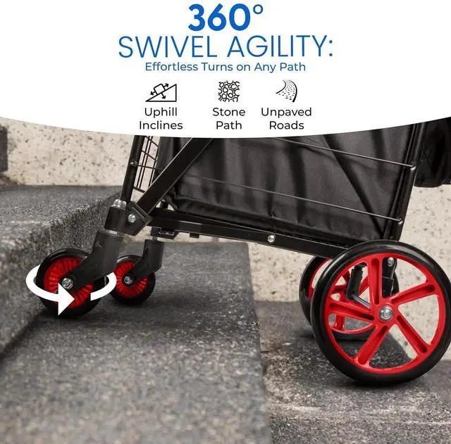Alt view image 5 of 7 - SereneLife Small Compact Folding Shopping Cart with Removable Waterproof Liner 360° Swivel Wheels, RustProof Steel Frame, 70 lb Capacity Portable Grocery, Laundry & Travel Cart (Red)