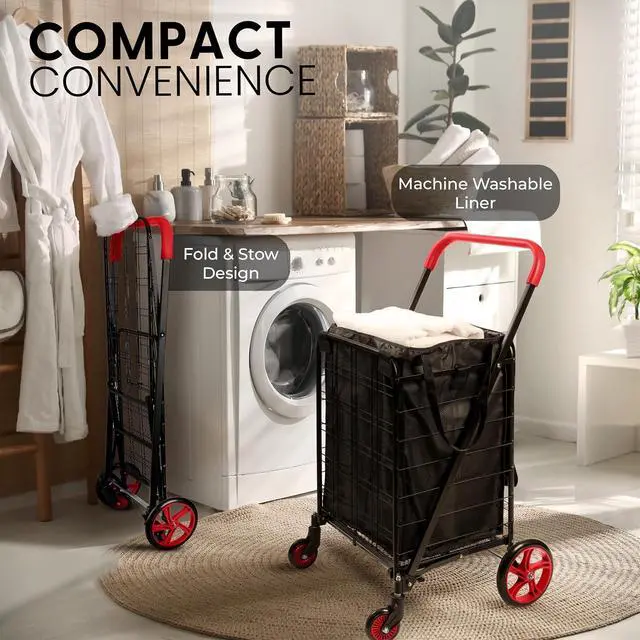 Alt view image 6 of 7 - SereneLife Small Compact Folding Shopping Cart with Removable Waterproof Liner 360° Swivel Wheels, RustProof Steel Frame, 70 lb Capacity Portable Grocery, Laundry & Travel Cart (Red)