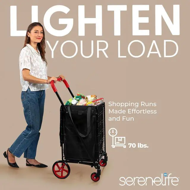Alt view image 7 of 7 - SereneLife Small Compact Folding Shopping Cart with Removable Waterproof Liner 360° Swivel Wheels, RustProof Steel Frame, 70 lb Capacity Portable Grocery, Laundry & Travel Cart (Red)