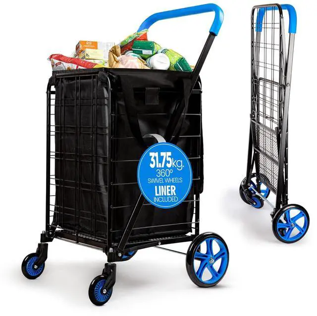 Main image of SereneLife Small Compact Folding Shopping Cart with Removable Waterproof Liner 360° Swivel Wheels, RustProof Steel Frame, 70 lb Capacity Portable Grocery, Laundry & Travel Cart (Blue)