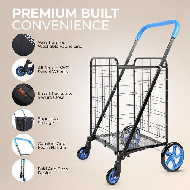 Alt view image 2 of 7 - SereneLife Small Compact Folding Shopping Cart with Removable Waterproof Liner 360° Swivel Wheels, RustProof Steel Frame, 70 lb Capacity Portable Grocery, Laundry & Travel Cart (Blue)