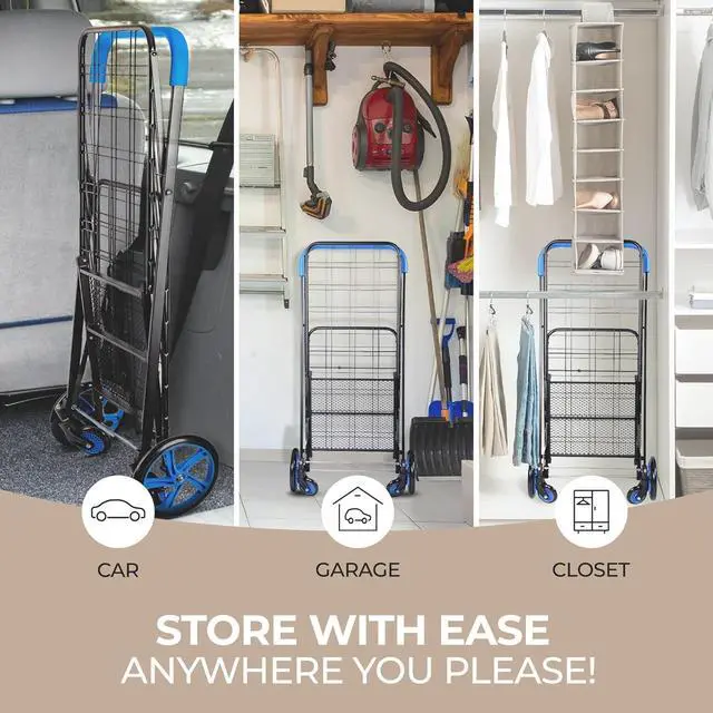 Alt view image 4 of 7 - SereneLife Small Compact Folding Shopping Cart with Removable Waterproof Liner 360° Swivel Wheels, RustProof Steel Frame, 70 lb Capacity Portable Grocery, Laundry & Travel Cart (Blue)