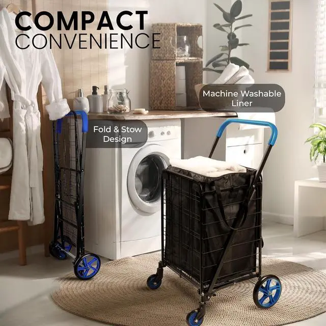 Alt view image 6 of 7 - SereneLife Small Compact Folding Shopping Cart with Removable Waterproof Liner 360° Swivel Wheels, RustProof Steel Frame, 70 lb Capacity Portable Grocery, Laundry & Travel Cart (Blue)
