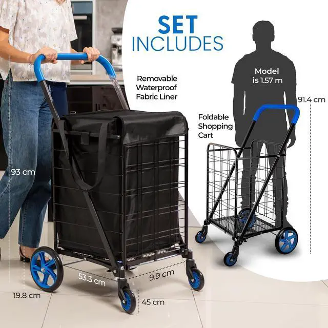 Alt view image 3 of 7 - SereneLife Small Compact Folding Shopping Cart with Removable Waterproof Liner 360° Swivel Wheels, RustProof Steel Frame, 70 lb Capacity Portable Grocery, Laundry & Travel Cart (Blue)