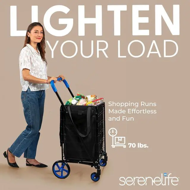 Alt view image 7 of 7 - SereneLife Small Compact Folding Shopping Cart with Removable Waterproof Liner 360° Swivel Wheels, RustProof Steel Frame, 70 lb Capacity Portable Grocery, Laundry & Travel Cart (Blue)
