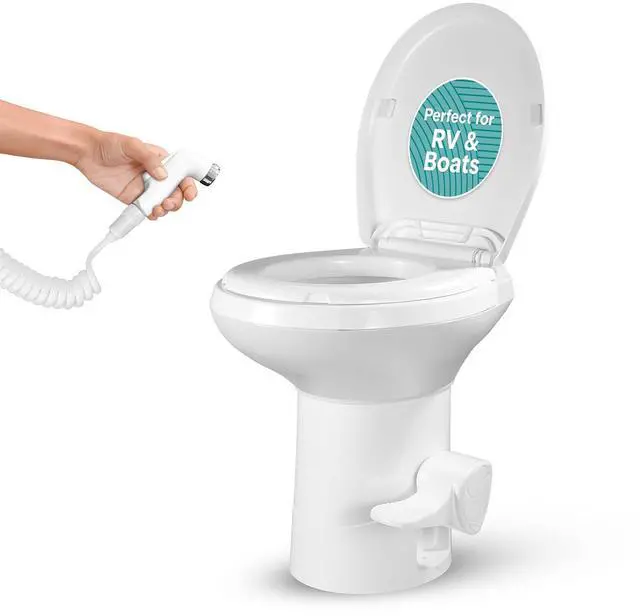 Main image of SereneLife RV Toilet - Small Camp Toilet with Foot Pedal and a Hand Sprayer, Leak-Proof, Odorless, Soft-Close Lid, Compact Water-Saving Design, Quick Installation, Perfect for RVs, Trailers, and Boats