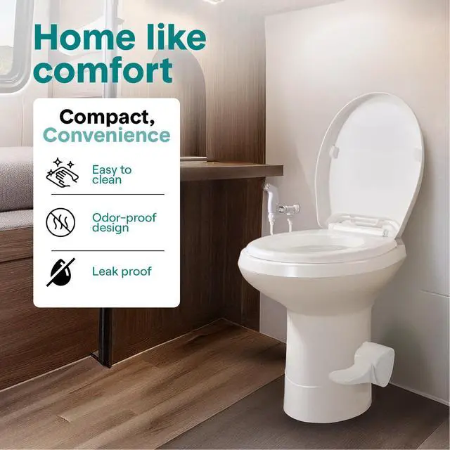 Alt view image 2 of 7 - SereneLife RV Toilet - Small Camp Toilet with Foot Pedal and a Hand Sprayer, Leak-Proof, Odorless, Soft-Close Lid, Compact Water-Saving Design, Quick Installation, Perfect for RVs, Trailers, and Boats