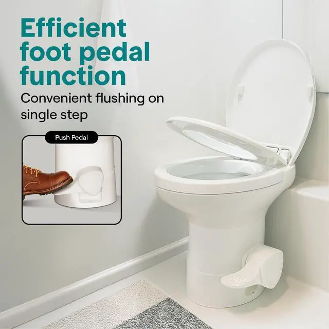 Alt view image 3 of 7 - SereneLife RV Toilet - Small Camp Toilet with Foot Pedal and a Hand Sprayer, Leak-Proof, Odorless, Soft-Close Lid, Compact Water-Saving Design, Quick Installation, Perfect for RVs, Trailers, and Boats