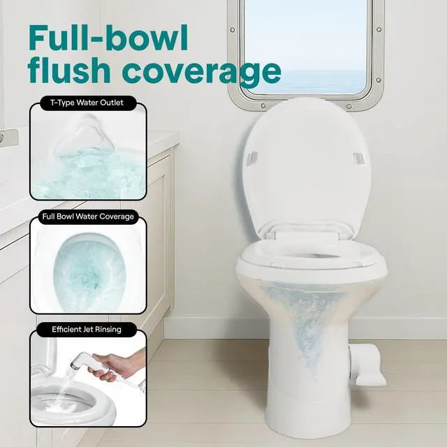 Alt view image 4 of 7 - SereneLife RV Toilet - Small Camp Toilet with Foot Pedal and a Hand Sprayer, Leak-Proof, Odorless, Soft-Close Lid, Compact Water-Saving Design, Quick Installation, Perfect for RVs, Trailers, and Boats