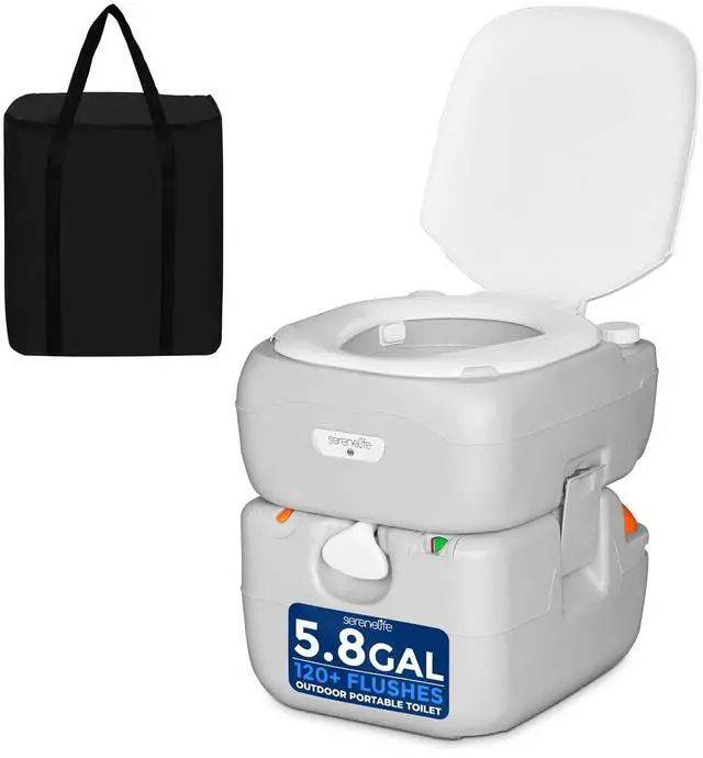 Main image of SereneLife 5.8 Gal Portable Camping Toilet For Adults, 120+ Flushes Porta Potty Camp Toilet with Detachable Waste Tank, Level Indicator, Carry Bag, Suitable for Camping, Hiking, and Boating