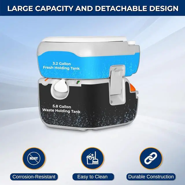 Alt view image 2 of 6 - SereneLife 5.8 Gal Portable Camping Toilet For Adults, 120+ Flushes Porta Potty Camp Toilet with Detachable Waste Tank, Level Indicator, Carry Bag, Suitable for Camping, Hiking, and Boating