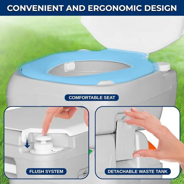 Alt view image 3 of 6 - SereneLife 5.8 Gal Portable Camping Toilet For Adults, 120+ Flushes Porta Potty Camp Toilet with Detachable Waste Tank, Level Indicator, Carry Bag, Suitable for Camping, Hiking, and Boating