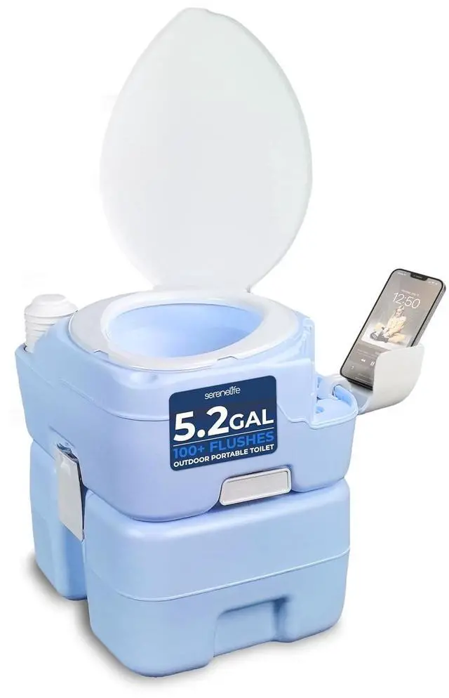 Main image of SereneLife 5.3 Gal Portable Toilet with Extra Large Seat, Moonwhite | 20L Waste Tank, 12L Fresh Water Capacity, 100+ flushes, hand sprayer & phone holder for camping, RVs, boating & emergency use