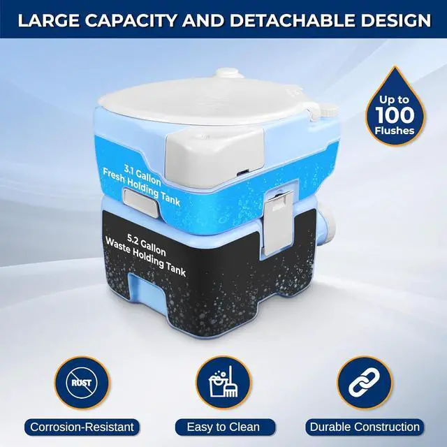 Alt view image 2 of 7 - SereneLife 5.3 Gal Portable Toilet with Extra Large Seat, Moonwhite | 20L Waste Tank, 12L Fresh Water Capacity, 100+ flushes, hand sprayer & phone holder for camping, RVs, boating & emergency use
