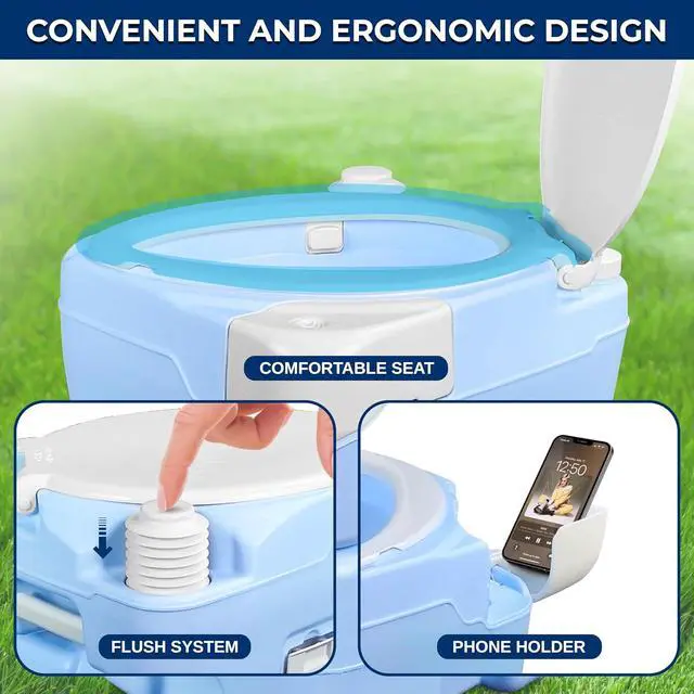 Alt view image 3 of 7 - SereneLife 5.3 Gal Portable Toilet with Extra Large Seat, Moonwhite | 20L Waste Tank, 12L Fresh Water Capacity, 100+ flushes, hand sprayer & phone holder for camping, RVs, boating & emergency use