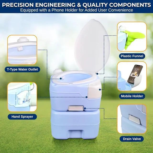 Alt view image 5 of 7 - SereneLife 5.3 Gal Portable Toilet with Extra Large Seat, Moonwhite | 20L Waste Tank, 12L Fresh Water Capacity, 100+ flushes, hand sprayer & phone holder for camping, RVs, boating & emergency use