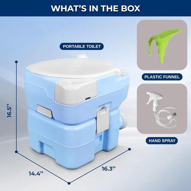 Alt view image 7 of 7 - SereneLife 5.3 Gal Portable Toilet with Extra Large Seat, Moonwhite | 20L Waste Tank, 12L Fresh Water Capacity, 100+ flushes, hand sprayer & phone holder for camping, RVs, boating & emergency use