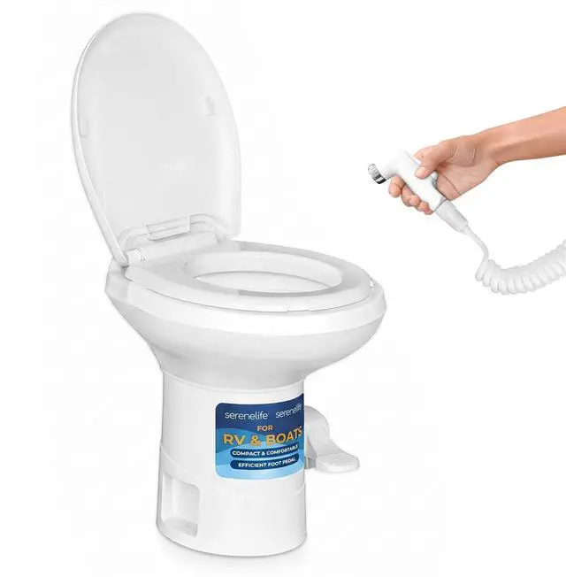 Main image of SereneLife RV Gravity Flush Toilet with Foot Pedal and Hand Sprayer | T-Type Full-Bowl Flush Coverage With Odor-Resistant Sealing For RVs, Boats, Campers, Trailers And Marine Bathrooms