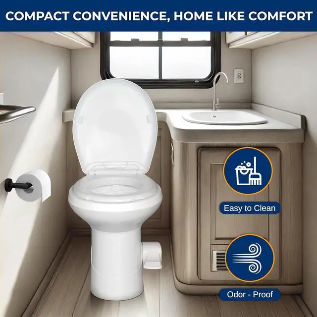 Alt view image 2 of 7 - SereneLife RV Gravity Flush Toilet with Foot Pedal and Hand Sprayer | T-Type Full-Bowl Flush Coverage With Odor-Resistant Sealing For RVs, Boats, Campers, Trailers And Marine Bathrooms