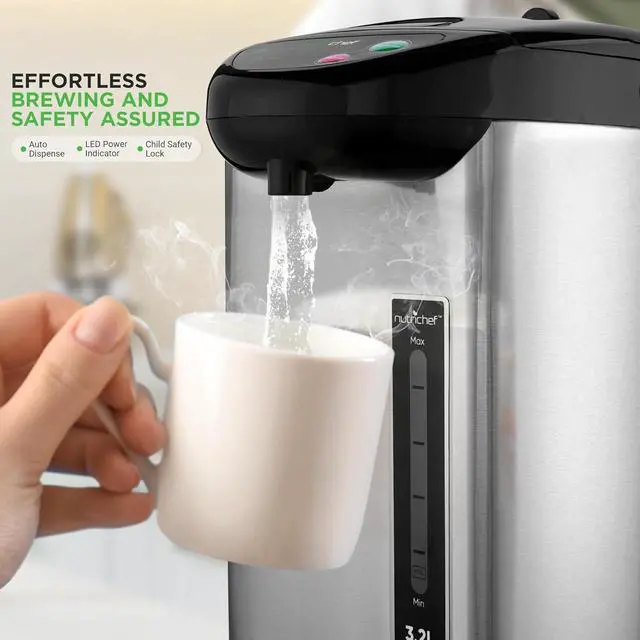 Alt view image 3 of 7 - NutriChef Hot Water Urn Pot 3.38 QT, Insulated Stainless Steel Hot Water Dispenser & Boiler, Auto & Manual Dispense, Safety Lock, Electric Kettle