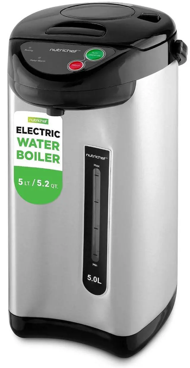 Main image of NutriChef 5.2 Qt Electric Water Kettle, Portable, Quick Heating, 5 Liter Digital Kettle with 5 Temperature Settings, Safety Lock, Stainless Steel, 3 Dispensing Options, 8.46" x 11.2" x 16.5"