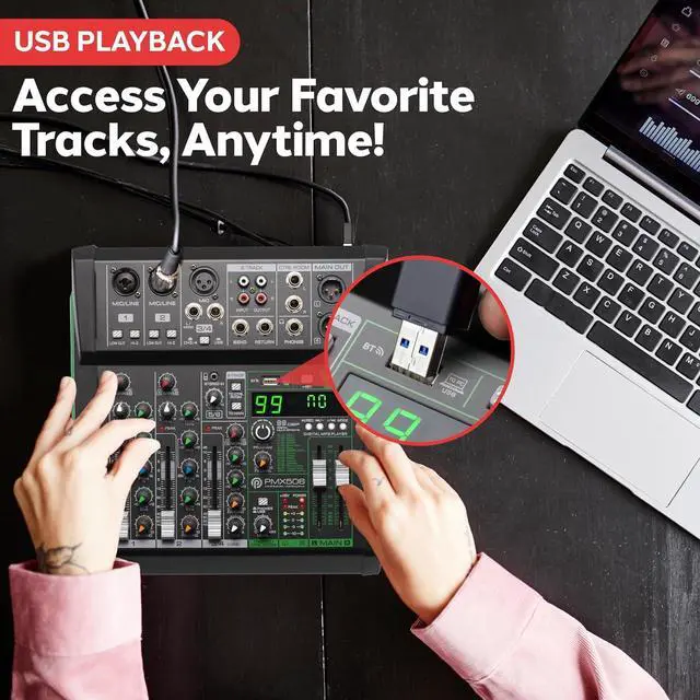 Alt view image 3 of 7 - Pyle 6 Channel Audio Mixer - 2 XLR Combo Mic Inputs, Bluetooth Studio Mixer/DJ Controller with DSP Digital Effects, USB-A In with MP3 Player, PC Recording, LED Level Meter, Smooth Dials and Faders