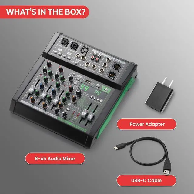 Alt view image 7 of 7 - Pyle 6 Channel Audio Mixer - 2 XLR Combo Mic Inputs, Bluetooth Studio Mixer/DJ Controller with DSP Digital Effects, USB-A In with MP3 Player, PC Recording, LED Level Meter, Smooth Dials and Faders
