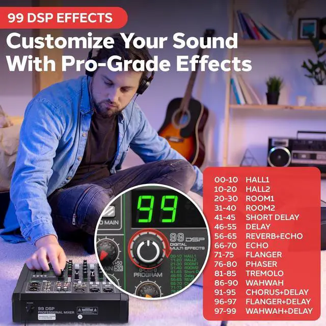 Alt view image 6 of 7 - Pyle 6 Channel Audio Mixer - 2 XLR Combo Mic Inputs, Bluetooth Studio Mixer/DJ Controller with DSP Digital Effects, USB-A In with MP3 Player, PC Recording, LED Level Meter, Smooth Dials and Faders