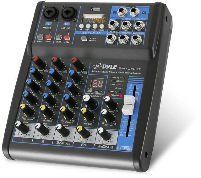 Main image of Pyle 4 Channel Audio Mixer with Bluetooth - DJ Sound Board Controller - USB Computer Input - Built-in MP3 Player - 48V Phantom Power - 3 Band EQ - 16-Bit DSP FX - Band, Studio Ready - PMXU43BT