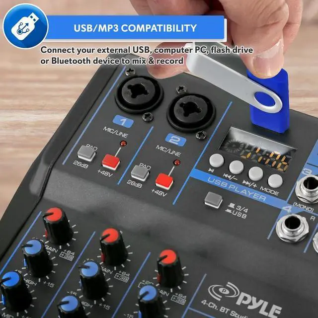 Alt view image 4 of 7 - Pyle 4 Channel Audio Mixer with Bluetooth - DJ Sound Board Controller - USB Computer Input - Built-in MP3 Player - 48V Phantom Power - 3 Band EQ - 16-Bit DSP FX - Band, Studio Ready - PMXU43BT