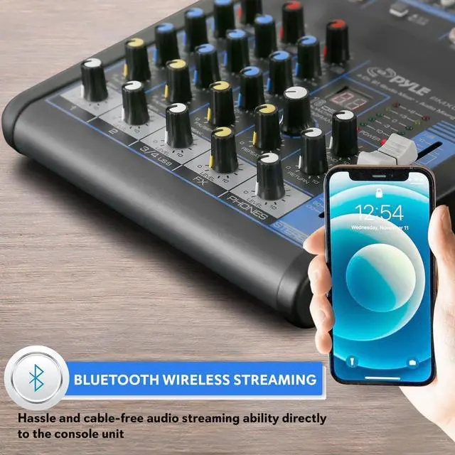 Alt view image 3 of 7 - Pyle 4 Channel Audio Mixer with Bluetooth - DJ Sound Board Controller - USB Computer Input - Built-in MP3 Player - 48V Phantom Power - 3 Band EQ - 16-Bit DSP FX - Band, Studio Ready - PMXU43BT