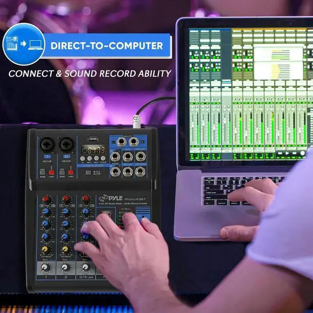 Alt view image 5 of 7 - Pyle 4 Channel Audio Mixer with Bluetooth - DJ Sound Board Controller - USB Computer Input - Built-in MP3 Player - 48V Phantom Power - 3 Band EQ - 16-Bit DSP FX - Band, Studio Ready - PMXU43BT