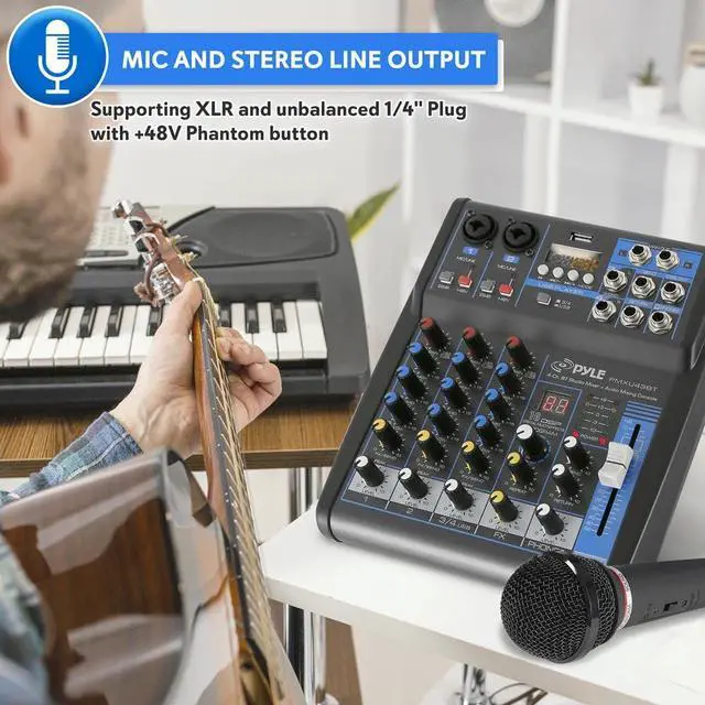 Alt view image 6 of 7 - Pyle 4 Channel Audio Mixer with Bluetooth - DJ Sound Board Controller - USB Computer Input - Built-in MP3 Player - 48V Phantom Power - 3 Band EQ - 16-Bit DSP FX - Band, Studio Ready - PMXU43BT