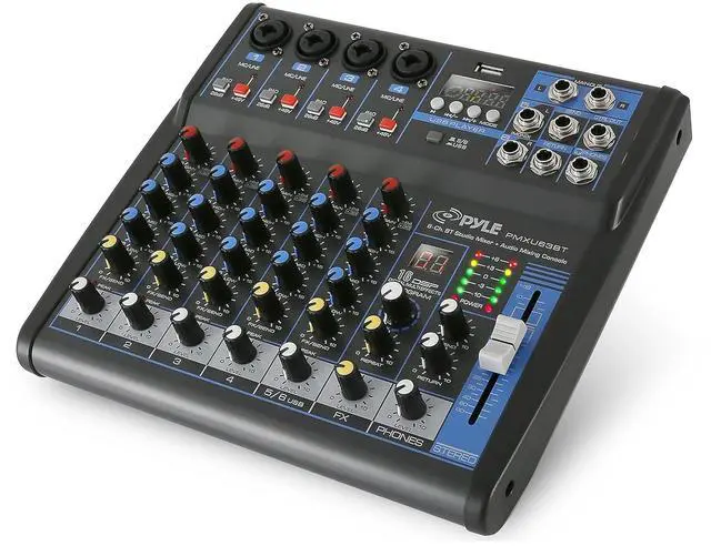 Main image of Pyle Professional 6 Channel Audio Mixer with Bluetooth - DJ Sound Board - USB Computer Input - Built-in MP3 Player - 48V Phantom Power - 3 Band EQ - 16-Bit DSP FX - Band, Studio Ready - PMXU63BT