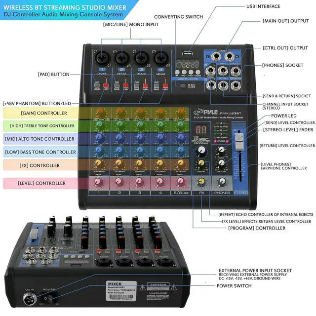 Alt view image 2 of 7 - Pyle Professional 6 Channel Audio Mixer with Bluetooth - DJ Sound Board - USB Computer Input - Built-in MP3 Player - 48V Phantom Power - 3 Band EQ - 16-Bit DSP FX - Band, Studio Ready - PMXU63BT