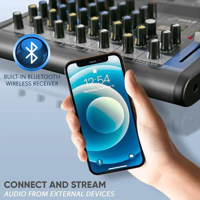 Alt view image 4 of 7 - Pyle Professional 6 Channel Audio Mixer with Bluetooth - DJ Sound Board - USB Computer Input - Built-in MP3 Player - 48V Phantom Power - 3 Band EQ - 16-Bit DSP FX - Band, Studio Ready - PMXU63BT