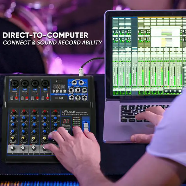 Alt view image 3 of 7 - Pyle Professional 6 Channel Audio Mixer with Bluetooth - DJ Sound Board - USB Computer Input - Built-in MP3 Player - 48V Phantom Power - 3 Band EQ - 16-Bit DSP FX - Band, Studio Ready - PMXU63BT