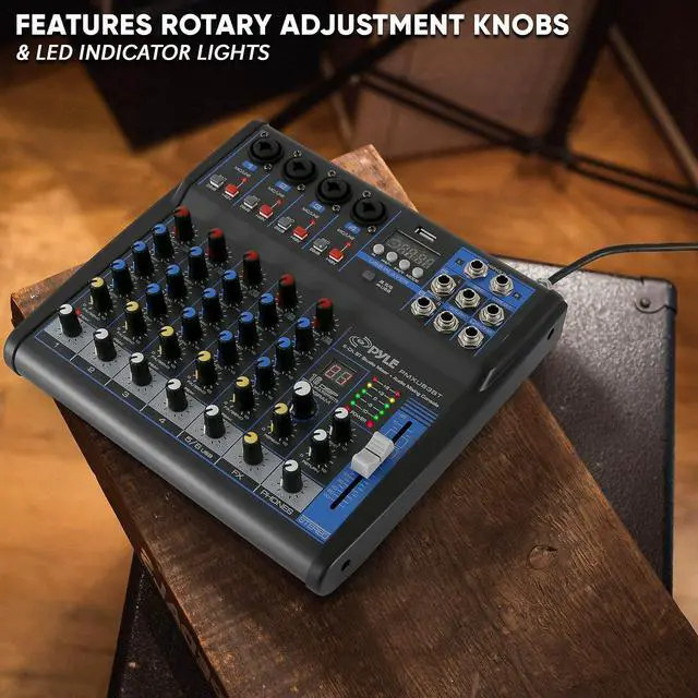 Alt view image 5 of 7 - Pyle Professional 6 Channel Audio Mixer with Bluetooth - DJ Sound Board - USB Computer Input - Built-in MP3 Player - 48V Phantom Power - 3 Band EQ - 16-Bit DSP FX - Band, Studio Ready - PMXU63BT