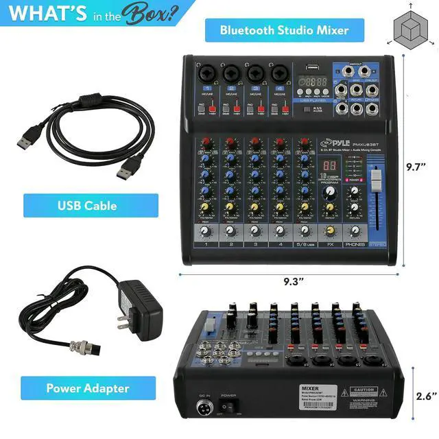 Alt view image 7 of 7 - Pyle Professional 6 Channel Audio Mixer with Bluetooth - DJ Sound Board - USB Computer Input - Built-in MP3 Player - 48V Phantom Power - 3 Band EQ - 16-Bit DSP FX - Band, Studio Ready - PMXU63BT