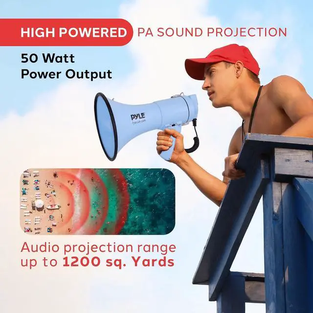 Alt view image 2 of 7 - Pyle 50W Megaphone Bullhorn - Portable, Automatic Siren & Adjustable Volume, Projection Range Up to 1200 Square Yards, Aux Input, Talk, Siren, Music, Whistle, & Record, Shoulder Strap