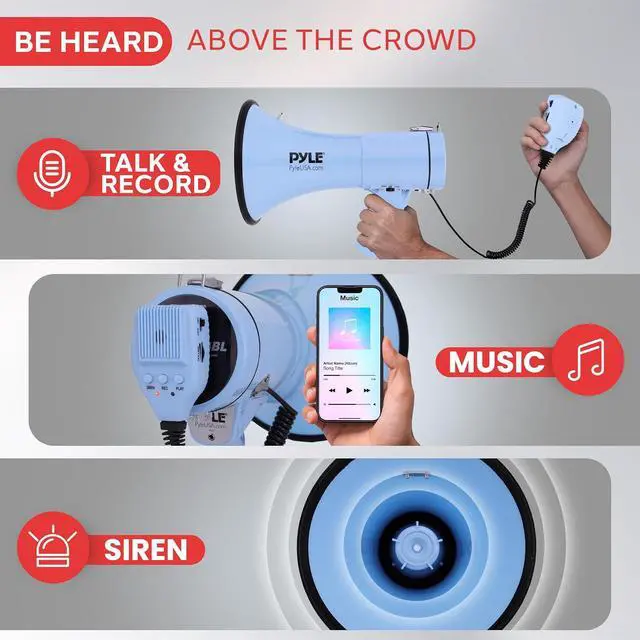 Alt view image 3 of 7 - Pyle 50W Megaphone Bullhorn - Portable, Automatic Siren & Adjustable Volume, Projection Range Up to 1200 Square Yards, Aux Input, Talk, Siren, Music, Whistle, & Record, Shoulder Strap