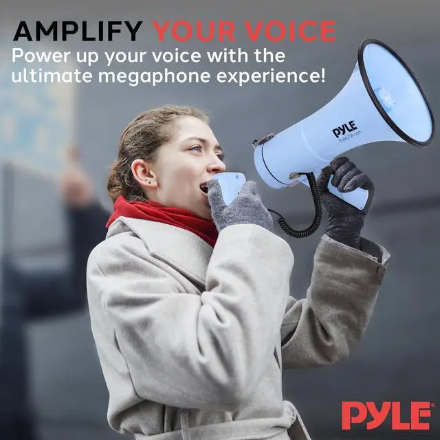 Alt view image 6 of 7 - Pyle 50W Megaphone Bullhorn - Portable, Automatic Siren & Adjustable Volume, Projection Range Up to 1200 Square Yards, Aux Input, Talk, Siren, Music, Whistle, & Record, Shoulder Strap