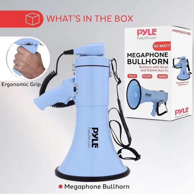 Alt view image 7 of 7 - Pyle 50W Megaphone Bullhorn - Portable, Automatic Siren & Adjustable Volume, Projection Range Up to 1200 Square Yards, Aux Input, Talk, Siren, Music, Whistle, & Record, Shoulder Strap