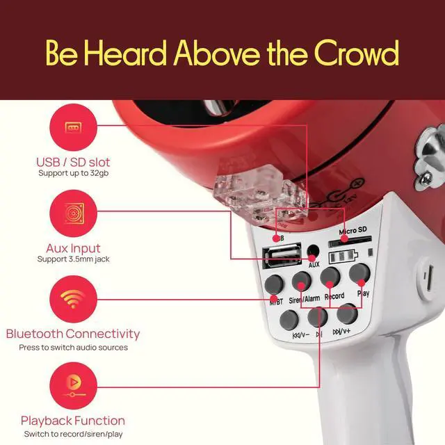 Alt view image 4 of 7 - Pyle 50W Megaphone PA Bullhorn Speaker with Built-in Siren, Adjustable Volume Control, USB/SD/AUX Inputs for Music, 1200-Yard Range, Ideal for Sports, Cheer, Coaching, Outdoor Events, & Emergency Use