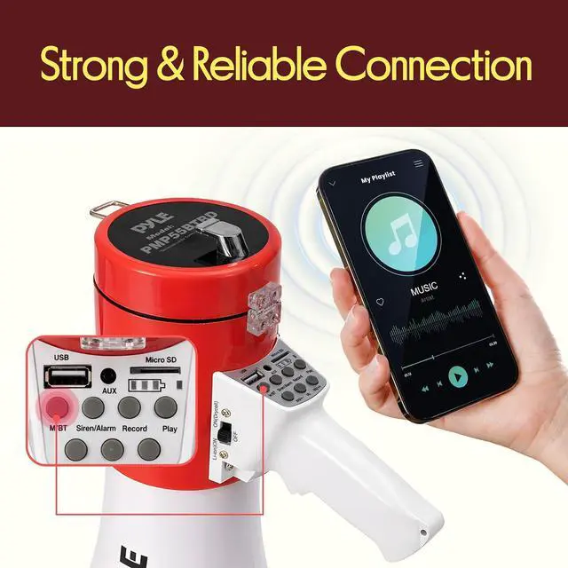 Alt view image 3 of 7 - Pyle 50W Megaphone PA Bullhorn Speaker with Built-in Siren, Adjustable Volume Control, USB/SD/AUX Inputs for Music, 1200-Yard Range, Ideal for Sports, Cheer, Coaching, Outdoor Events, & Emergency Use